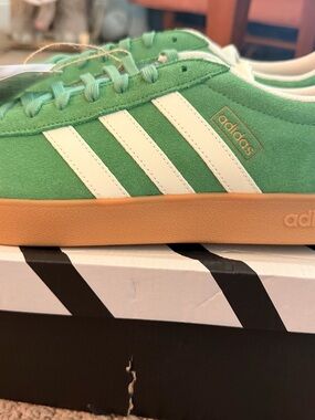 adidas Green Suede Sneakers with White Stripes and Gum Sole